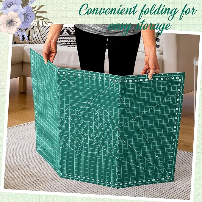 Teenyyou 24" x 36" Self Healing Folding Cutting Mat with Grid for Quilting, Sewing, Craft Hobby Board Sewing Cutting Mat for Quilting, Leather, Fabric, Crafting, Scrapbooking, Art, Clay, Green