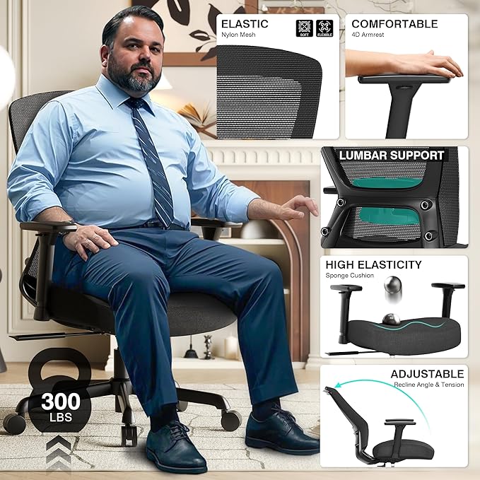 ELABEST T96C Ergonomic Home Office Chair, Mesh Computer Desk Chair with 4D Armrests, Adjustable Lumbar Support,Rolling Swivel Task Chair for Long Hours, Sponge Cushion
