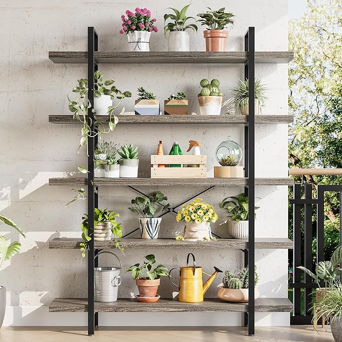 OtterOasis Heavy Duty 5-Tier Industrial Bookcase, 47" Wide Wood Bookshelf for Home Office, 120lbs Shelf Capacity, Rustic Shelving Display with Reinforced Horizontal Shelf for Living Room Bedroom,Grey