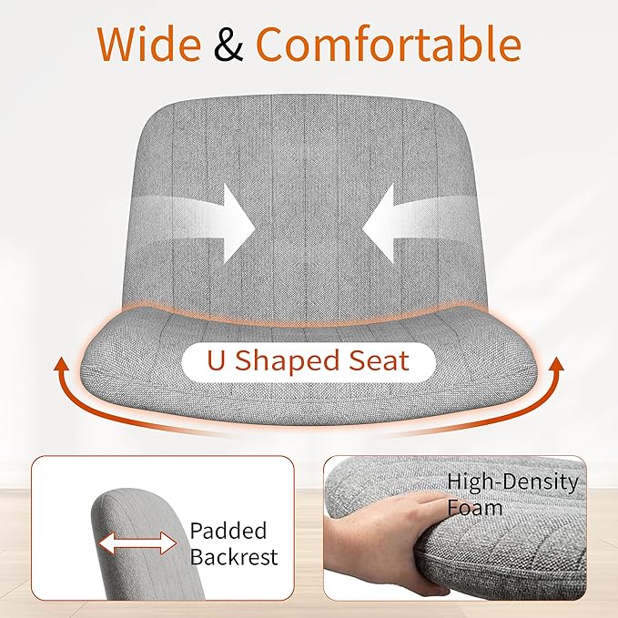 Meilocar Criss Cross Chair with Wheels, Cross Legged Office Chair, Armless Office Chairs Adjustable Height Swivel Tilting Fabric Vanity Chairs for Home Bedroom (Grey)