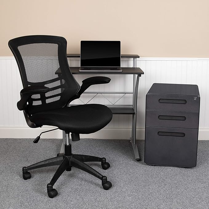 EMMA + OLIVER Work from Home Kit-Black Computer Desk, Ergonomic Office Chair, Filing Cabinet