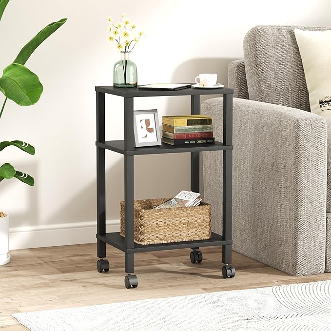3-Tier Printer Stand with Storage, Mobile Printer Cart with Rolling Casters and Adjustable Feet, Under Desk Storage Shelf for Home Office, Black, 15.7" x 11.8" x 25.9"