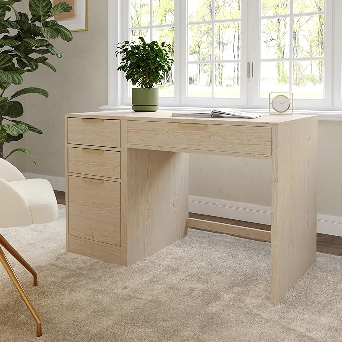 Martha Stewart Kayden Home Office Modular Desk with Drawer and 3 Drawer File Cabinet in Light Natural with Brushed Gold Hardware