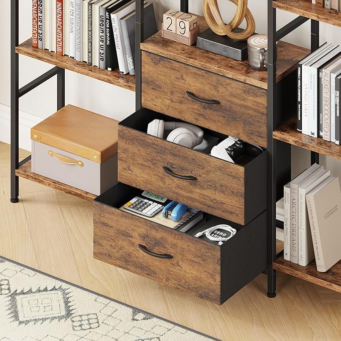 AFLUI Triple Bookshelf with 3 Fabric Drawers, 5-Tier Book Shelf and 10 Display Shelves, Industrial Large Bookcase for Home & Office, Rustic Brown, 47'' Wide