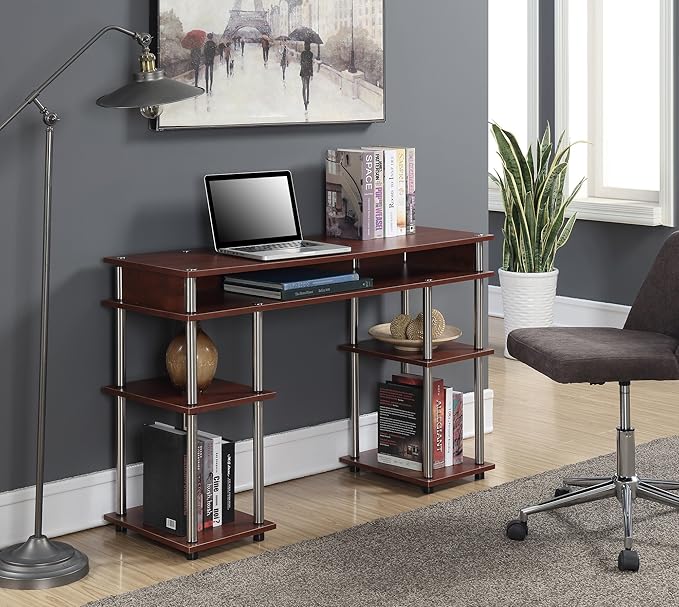 Convenience Concepts Designs2Go No Tools Desk Home Office Desk with Shelves, Corner Shelf Vanity Desk Computer Desk Nail Table for Nail Tech - 47.25" L x 15.75" W x 30" H, Cherry
