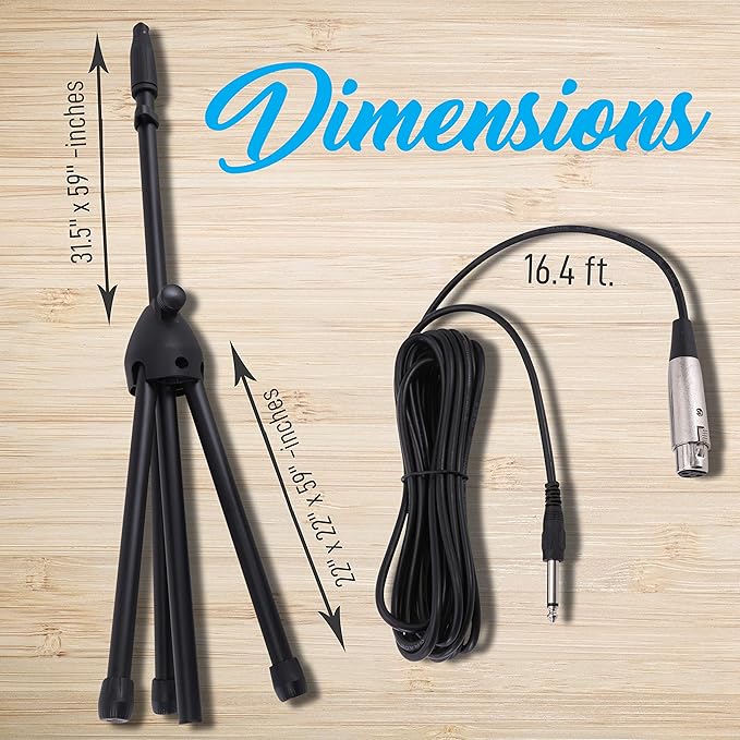 Professional Handheld Dynamic Microphone Kit - Unidirectional Vocal Wired Microphone w/Carry Bag, Metal Mic Stand, Holder/Clip & 16.4ft XLR Audio Cable to 1/4'' Audio Connection - Pyle PDMIC88ST