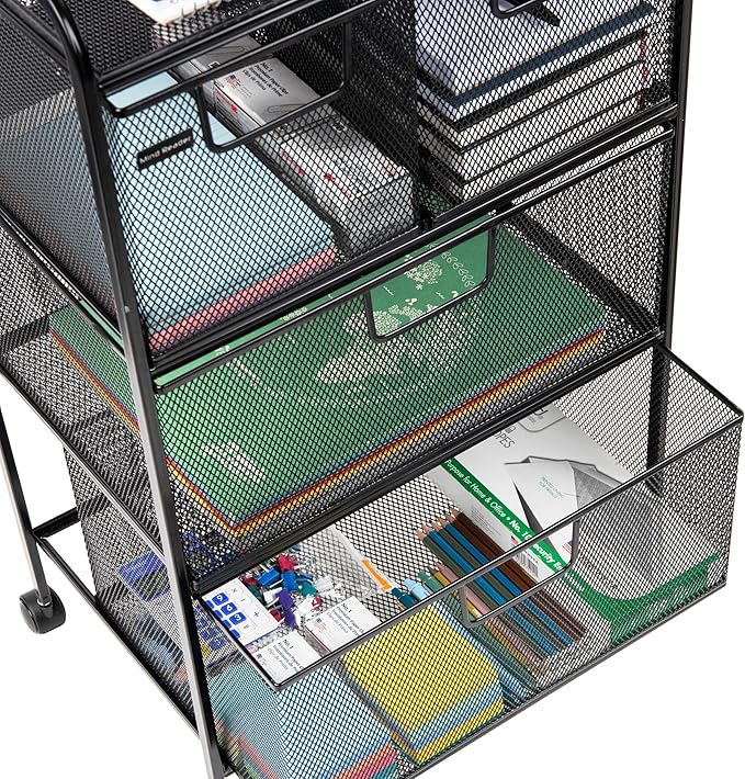 Mind Reader Cart with Drawers, Multipurpose Office Organizer, Utility Cart, Rolling Storage, Metal Mesh, Black
