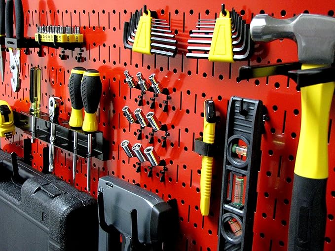 Wall Control Modular Pegboard Tool Organizer System - Wall-Mounted Metal Peg Board Tool Storage Unit for Wall Storage Tiling (Red Pegboard)
