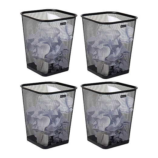 Mind Reader Mesh Trash Can, Waste Paper Basket, Square, Office, Metal Mesh, 9.75" L x 9.75" W x 12.25" H, Set of 4, Black
