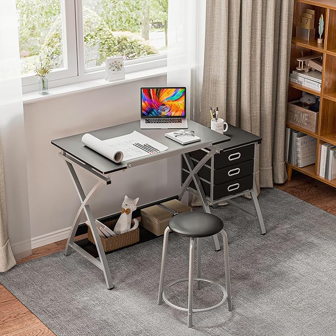 ZENY Drafting Table and Stool, Tilted Draft Table Desk w/Drawers, Artist Drawing Desk Craft Table for Drafting, Painting, Reading, Writing