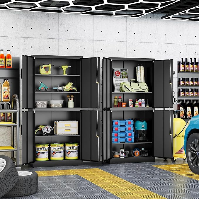 Fesbos 71” Metal Storage Cabinet-Lockable File Garage Tool Cabinets with Doors and Shelves-Tall Black Steel Cabinet for Garage-Heavy Duty File Storage for Office, Gym, School
